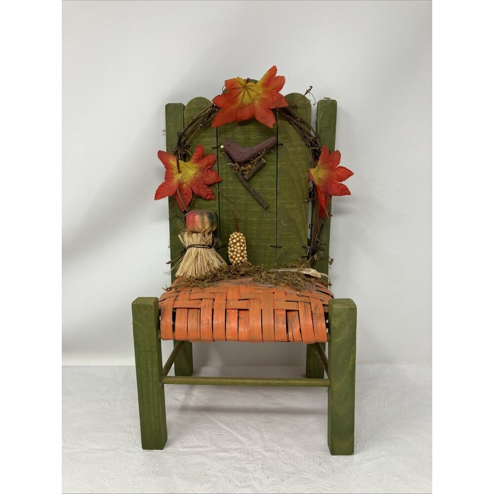 VTG Doll Chair HandMade Wood Autumn Fall Handcrafted Folk Art Plant Stand ~14x6"